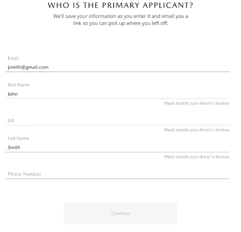 A web form asks 'Who is the primary applicant?', with input fields for Email, First Name, MI, Last Name, and Phone Number.