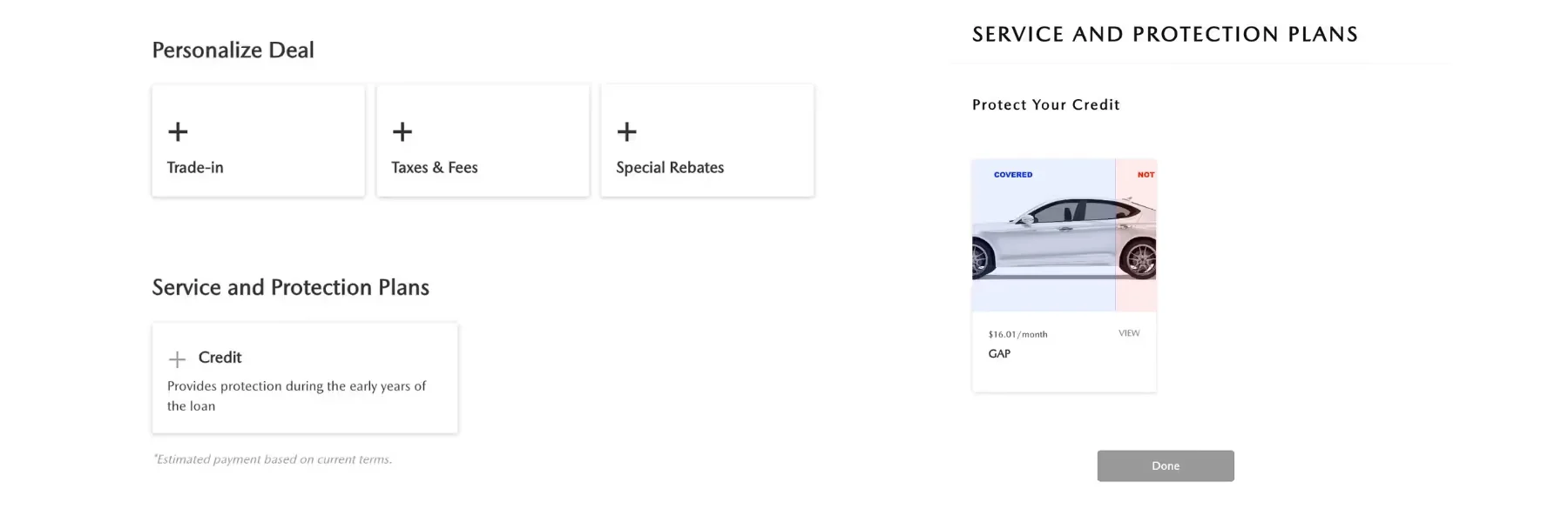 A website page for personalizing a car deal with options for trade-in, taxes, rebates, and credit protection plans.