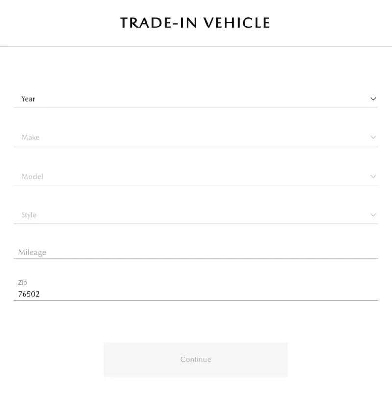 A digital form labeled 'TRADE-IN VEHICLE' with fields for Year, Make, Model, Style, Mileage, and Zip.