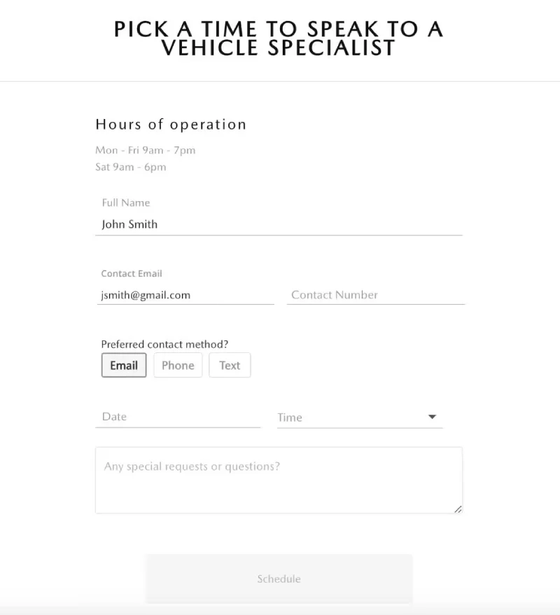 A form titled 'Pick a Time to Speak to a Vehicle Specialist' with fields for name, email, phone, preferred contact method, date, time, and special requests.